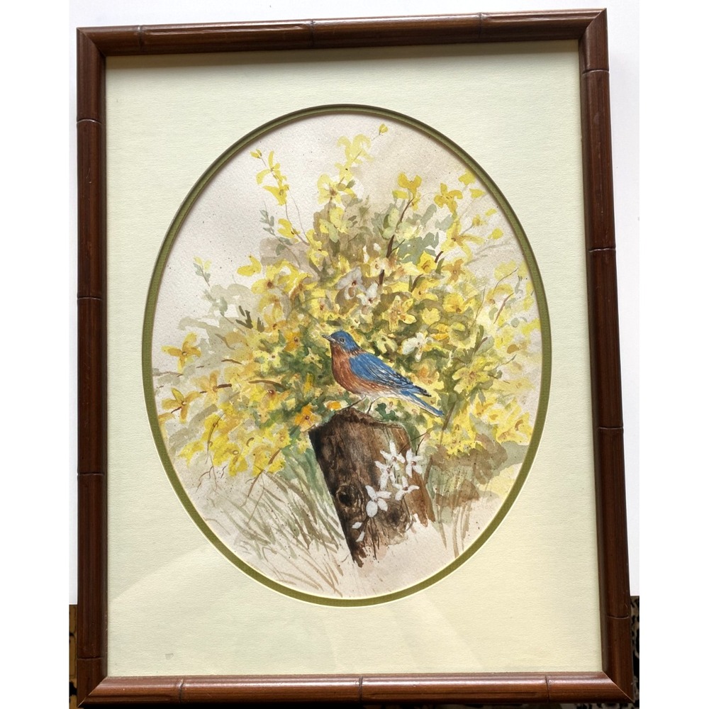 Original Watercolor Blue Bird with Yellow Floral Signed Framed 1960s Cottage Art